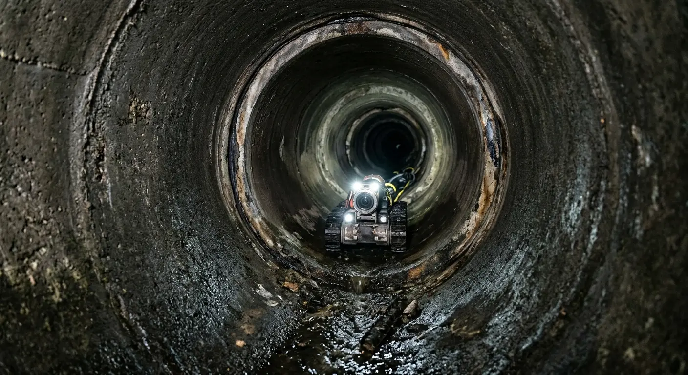Robotic sewer camera inspecting pipe interior for Drain Snake Service in Mendham