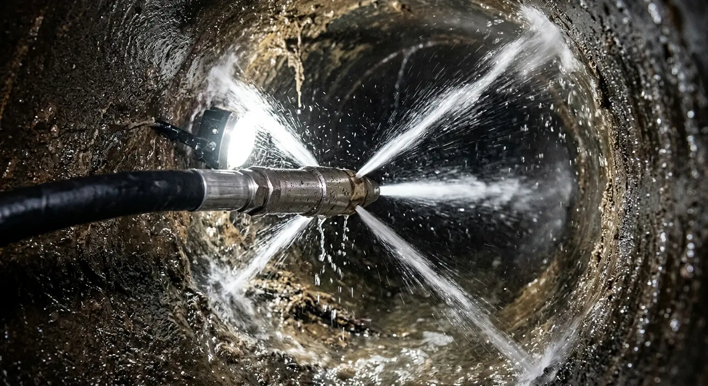 High-pressure hydro jetting nozzle cleaning sewer pipe for Sewer Cleanout in Mendham